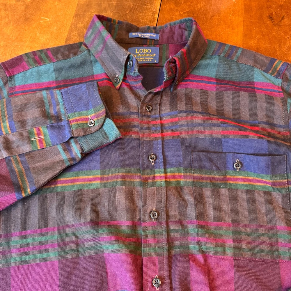 Pendleton Button Down Mens L‎ Multi LOBO Plaid Wool Blend Long Sleeve Shirt USA
